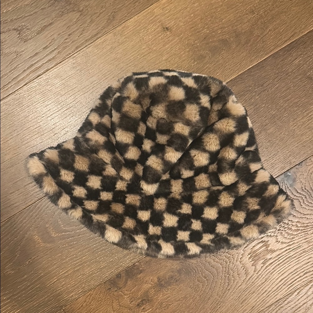 Checkered Faux Fur Bucket Hat